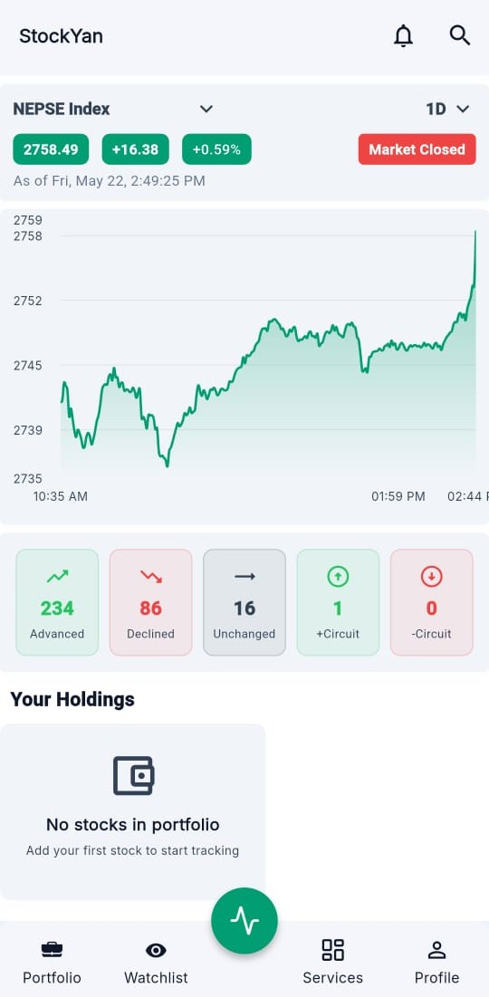 StockYan app screenshot showing NEPSE live data and portfolio